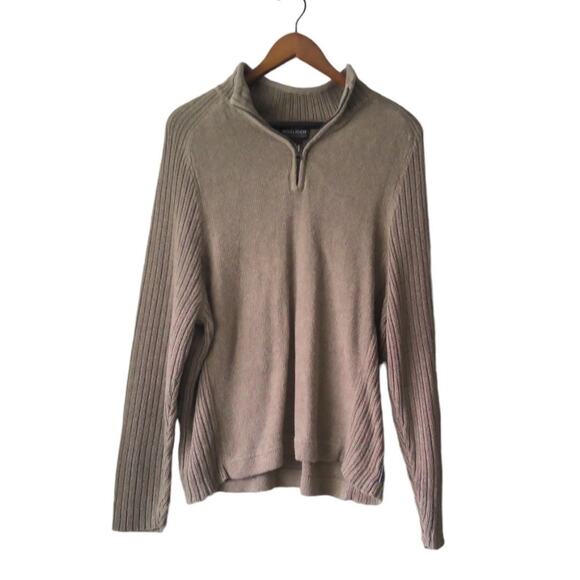 Woolrich Men's Quarter Zip Tan / Dark‎ Wheat Sweater Large Ramie Cotton Pullover - Picture 1 of 6